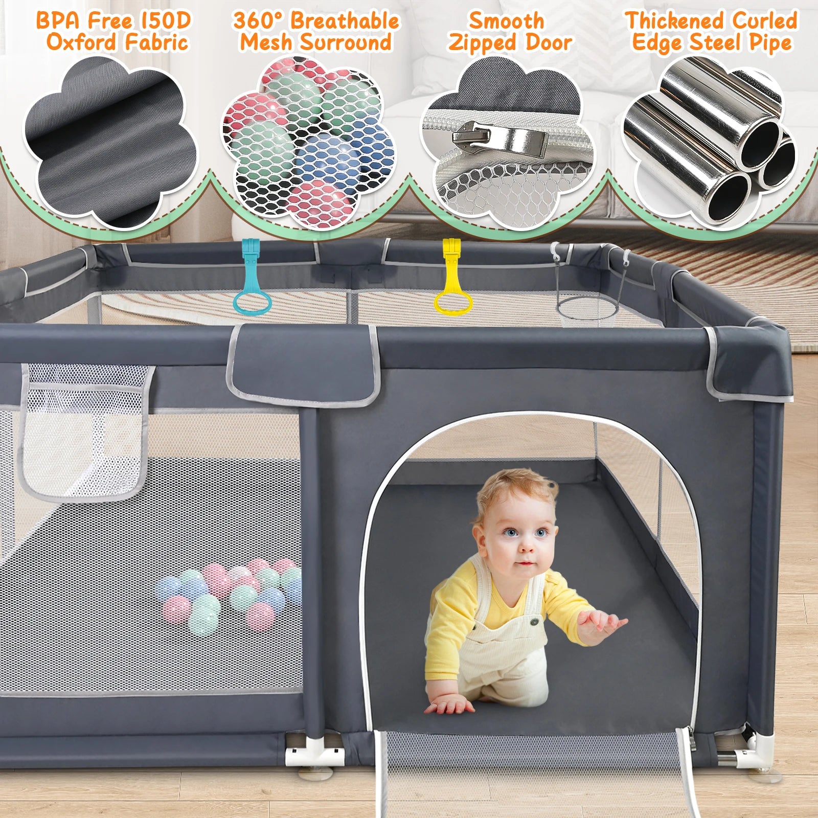 Baby Playpen with Mesh Walls & Zipped Door – Safe, Spacious & Fun 🍼✨