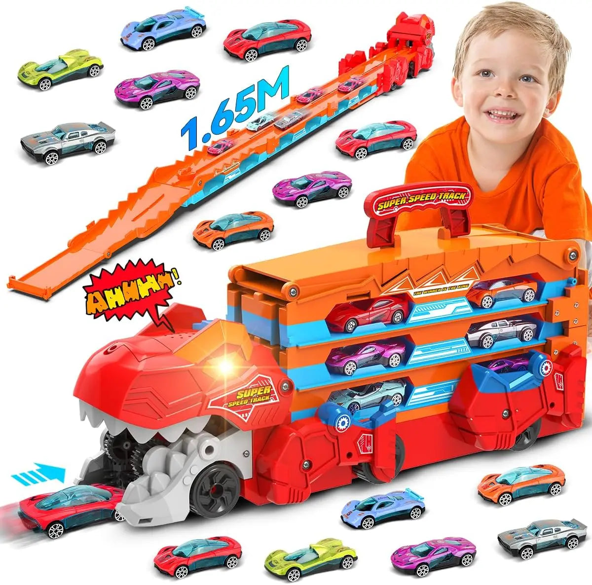 Dinosaur Transport Truck Playset – Lights, Sounds & Racing Action 🦖🚗✨