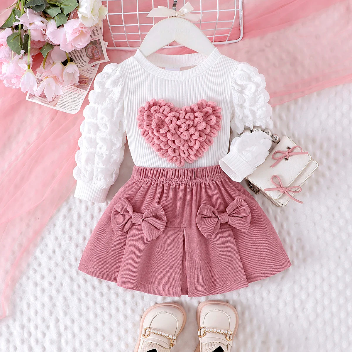 Puffy Heart Top & Bow Skirt Set – Sweet, Stylish & Full of Love 💗🎀