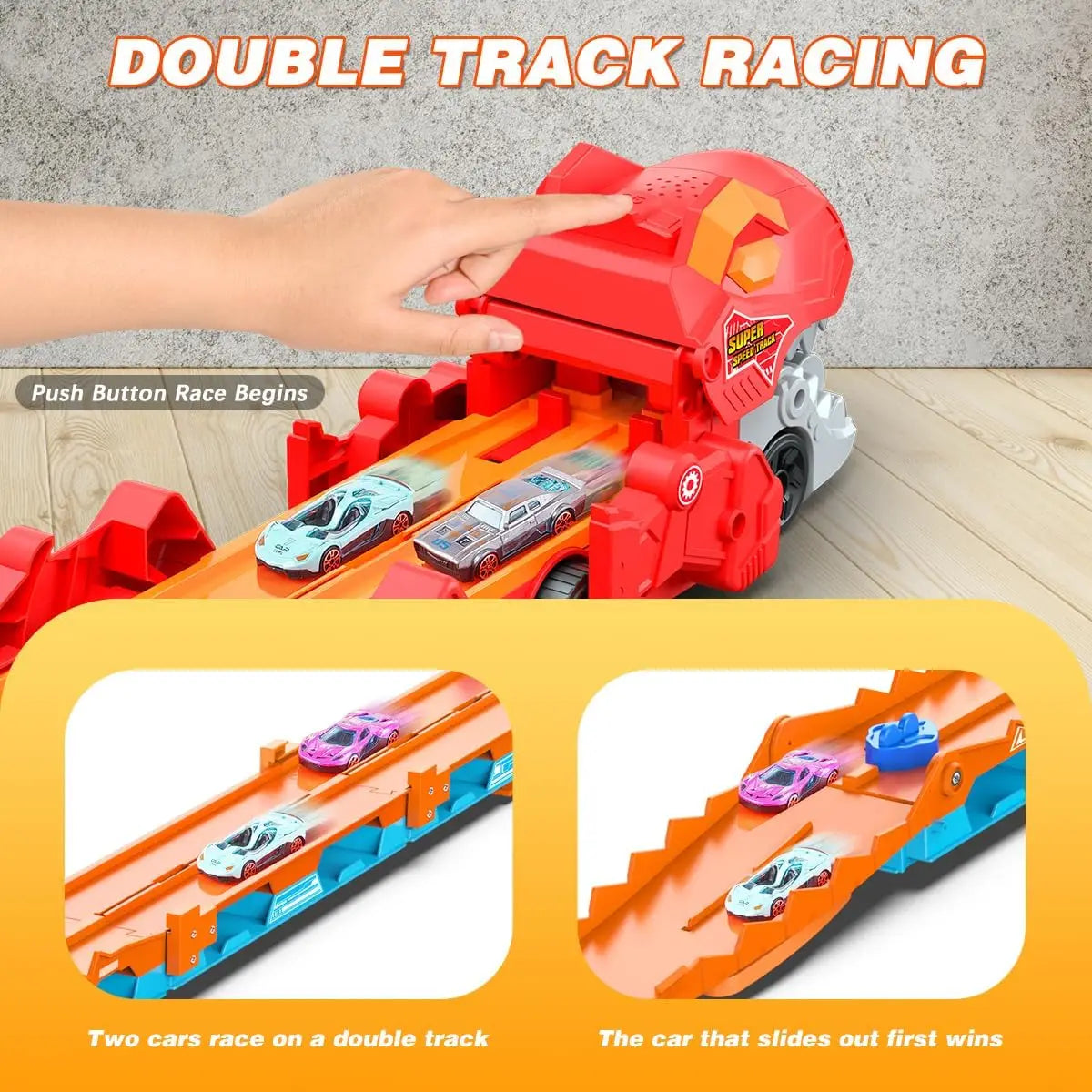 Dinosaur Transport Truck Playset – Lights, Sounds & Racing Action 🦖🚗✨