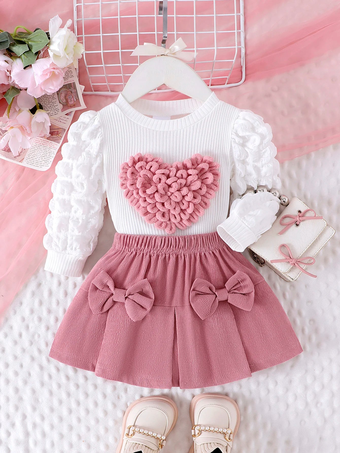 Puffy Heart Top & Bow Skirt Set – Sweet, Stylish & Full of Love 💗🎀